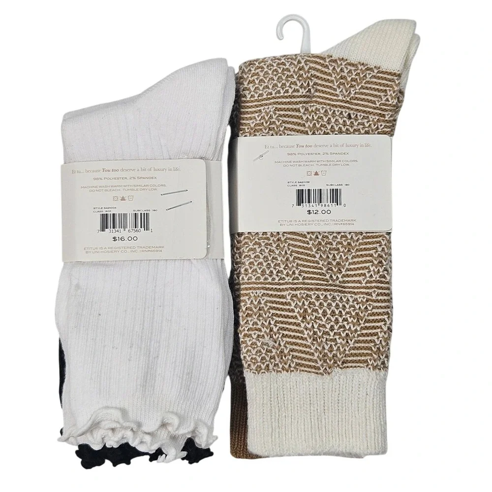 ET TU Fashion Crews Socks 6 Pair Black White Ribbed Ruffled Crew Socks Size 9-11